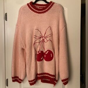 Pink and Red Women's Sweater with Cherry Design